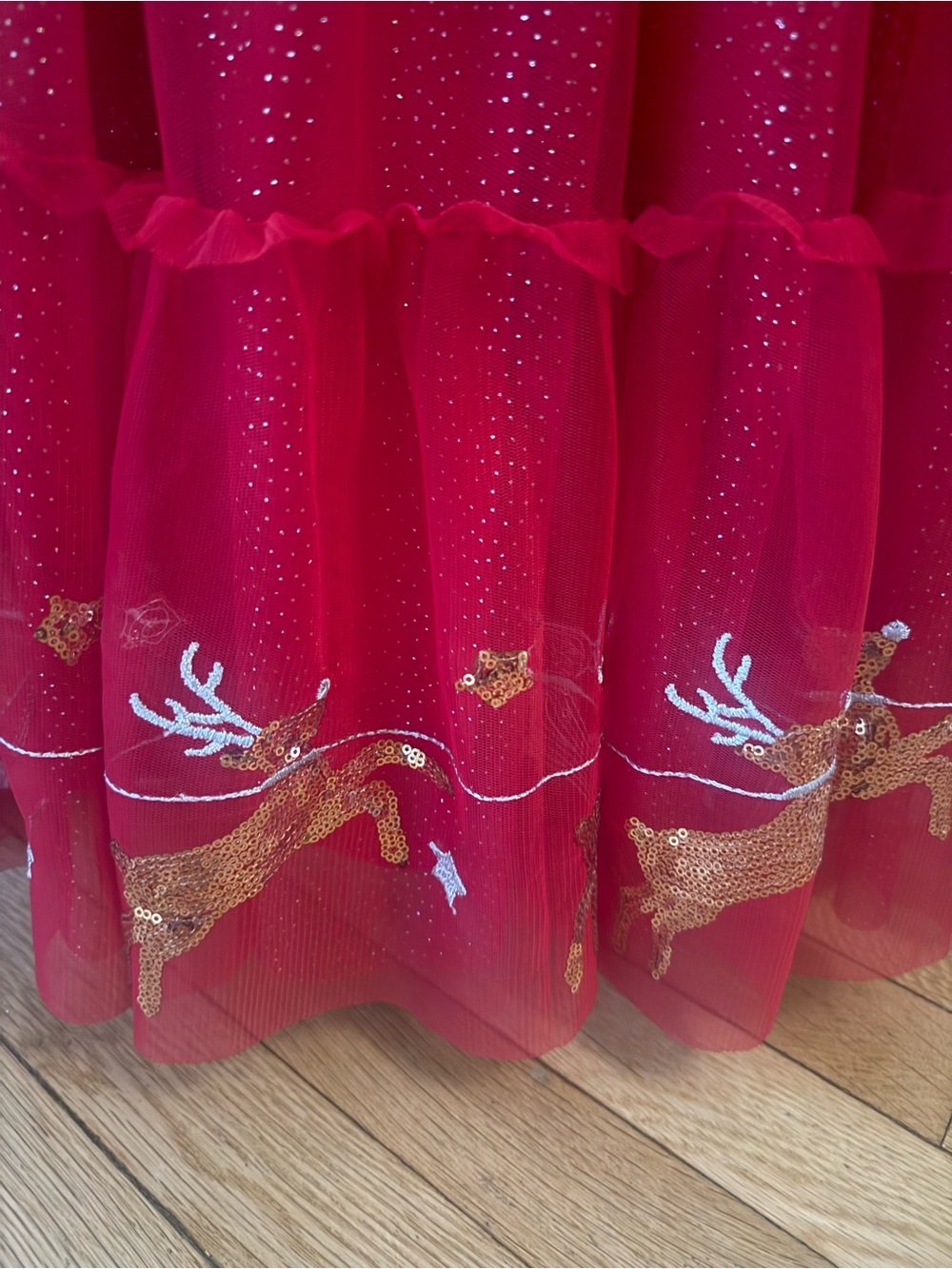 Zunie Red Glitter Tulle Smocked Christmas Parry Dress with Reindeer Sequins - Picture 3 of 4
